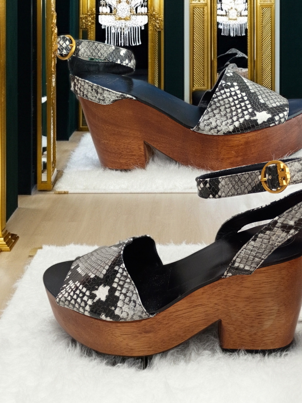 Tory Burch Camellia Black and White Snakeskin Wooden Platform Sandals 9.5